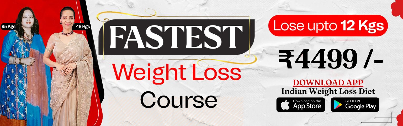 fastest-weight-loss-4 Advertisement banner for a weight loss course titled FASTEST, featuring two women and bold red text “Weight Loss Course.” The banner mentions up to 12 Kgs loss and price ₹4499, with app download icons on the right.